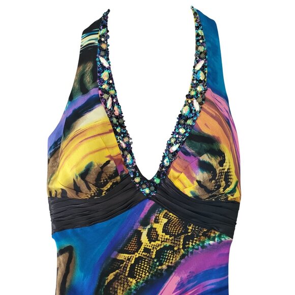 La Femme Paris Abstract Print Silk Halter Gown Beaded Neckline Womens Size 2 - Picture 5 of 10